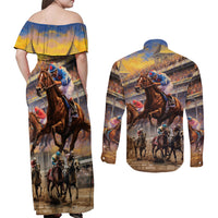 Kentucky Hosts Horse Races Watercolor Couples Matching Off Shoulder Maxi Dress and Long Sleeve Button Shirt - Wonder Print Shop