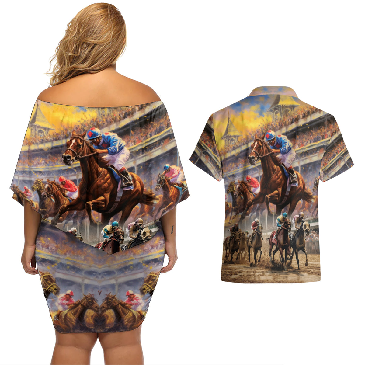 Kentucky Hosts Horse Races Watercolor Couples Matching Off Shoulder Short Dress and Hawaiian Shirt - Wonder Print Shop