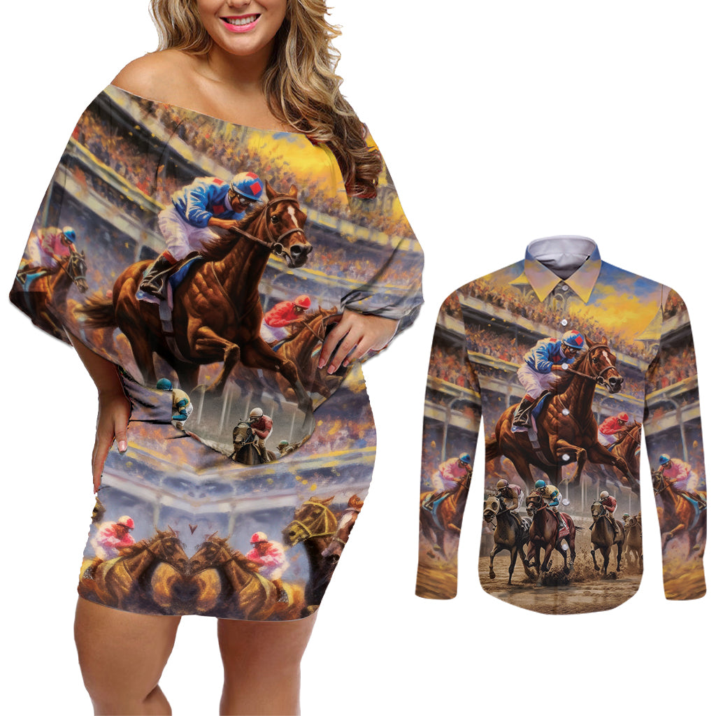 Kentucky Hosts Horse Races Watercolor Couples Matching Off Shoulder Short Dress and Long Sleeve Button Shirt - Wonder Print Shop