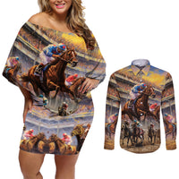 Kentucky Hosts Horse Races Watercolor Couples Matching Off Shoulder Short Dress and Long Sleeve Button Shirt - Wonder Print Shop