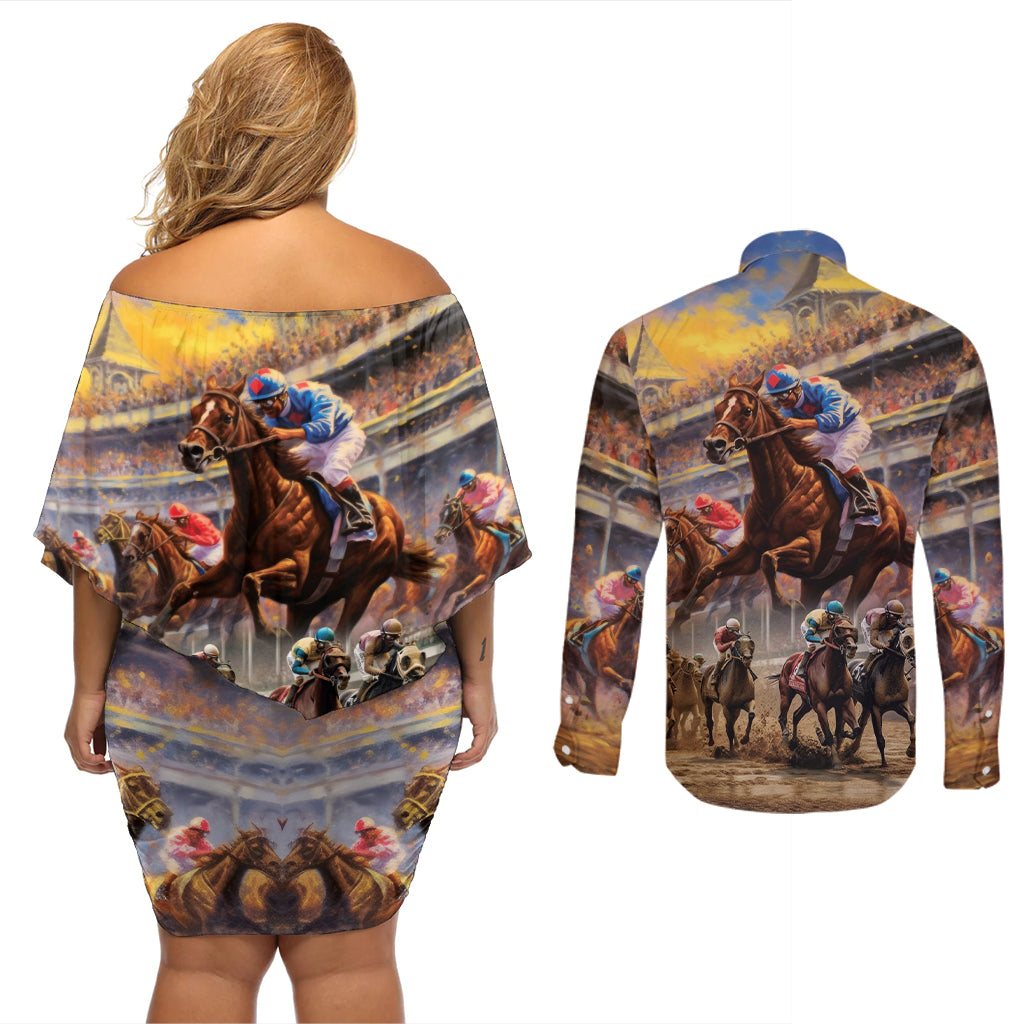 Kentucky Hosts Horse Races Watercolor Couples Matching Off Shoulder Short Dress and Long Sleeve Button Shirt - Wonder Print Shop