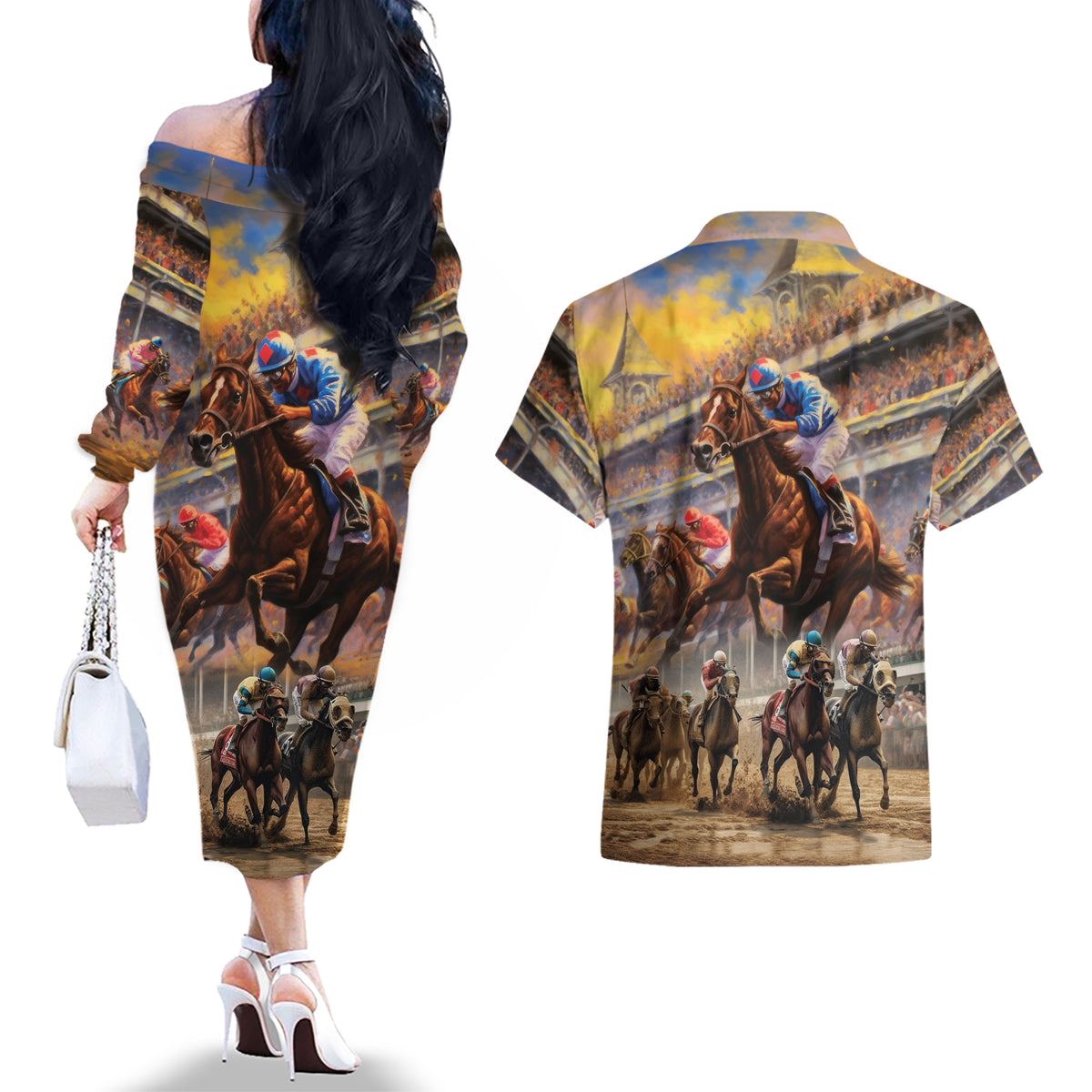 Kentucky Hosts Horse Races Watercolor Couples Matching Off The Shoulder Long Sleeve Dress and Hawaiian Shirt - Wonder Print Shop