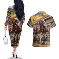 Kentucky Hosts Horse Races Watercolor Couples Matching Off The Shoulder Long Sleeve Dress and Hawaiian Shirt - Wonder Print Shop