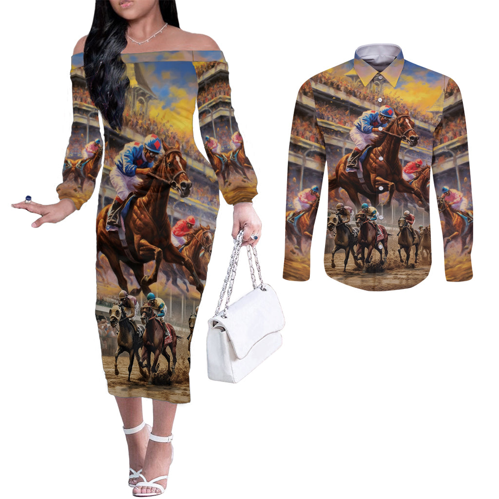 Kentucky Hosts Horse Races Watercolor Couples Matching Off The Shoulder Long Sleeve Dress and Long Sleeve Button Shirt