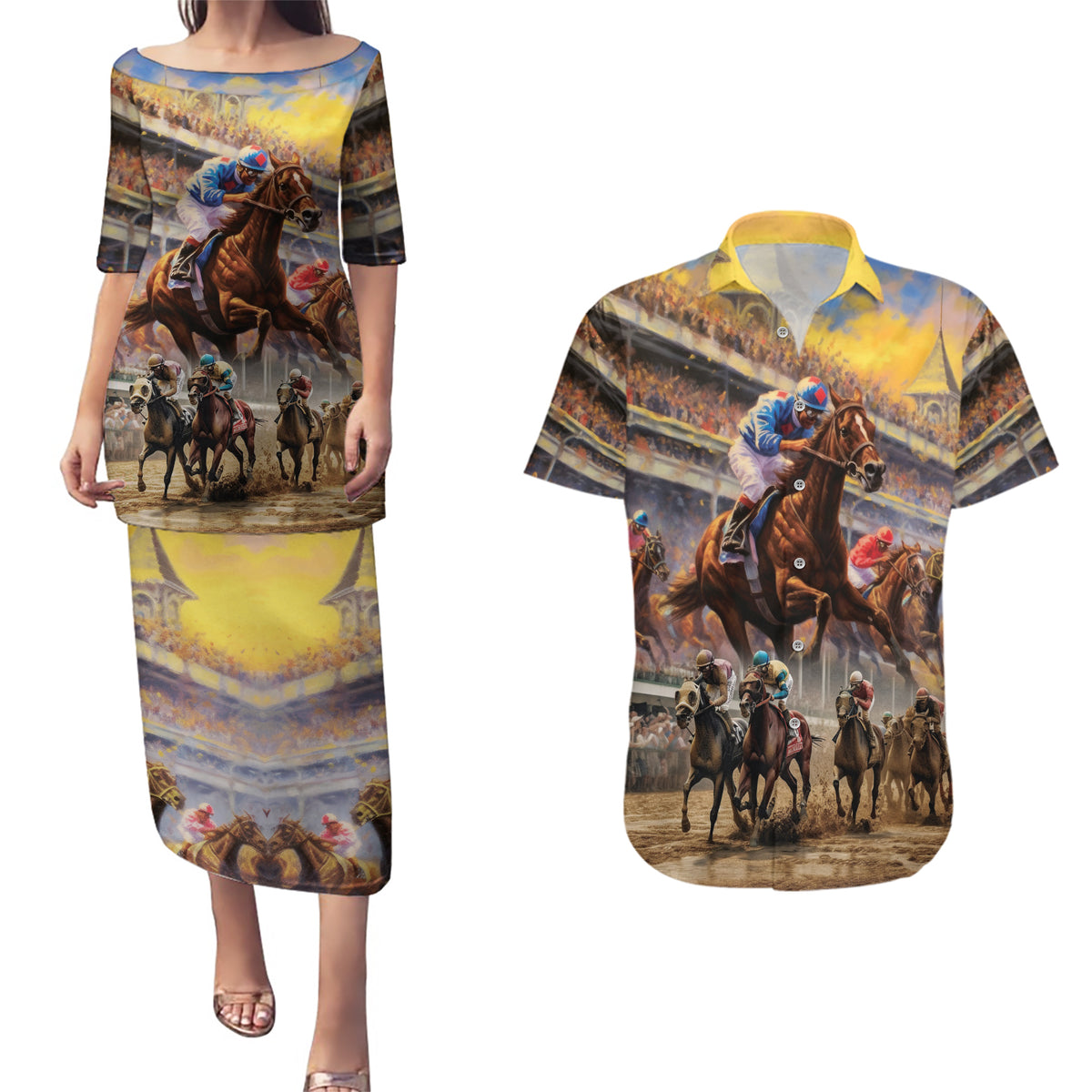 Kentucky Hosts Horse Races Watercolor Couples Matching Puletasi and Hawaiian Shirt - Wonder Print Shop