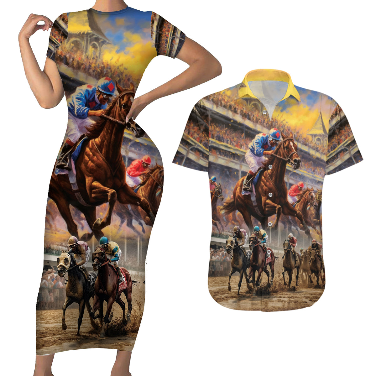 Kentucky Hosts Horse Races Watercolor Couples Matching Short Sleeve Bodycon Dress and Hawaiian Shirt - Wonder Print Shop
