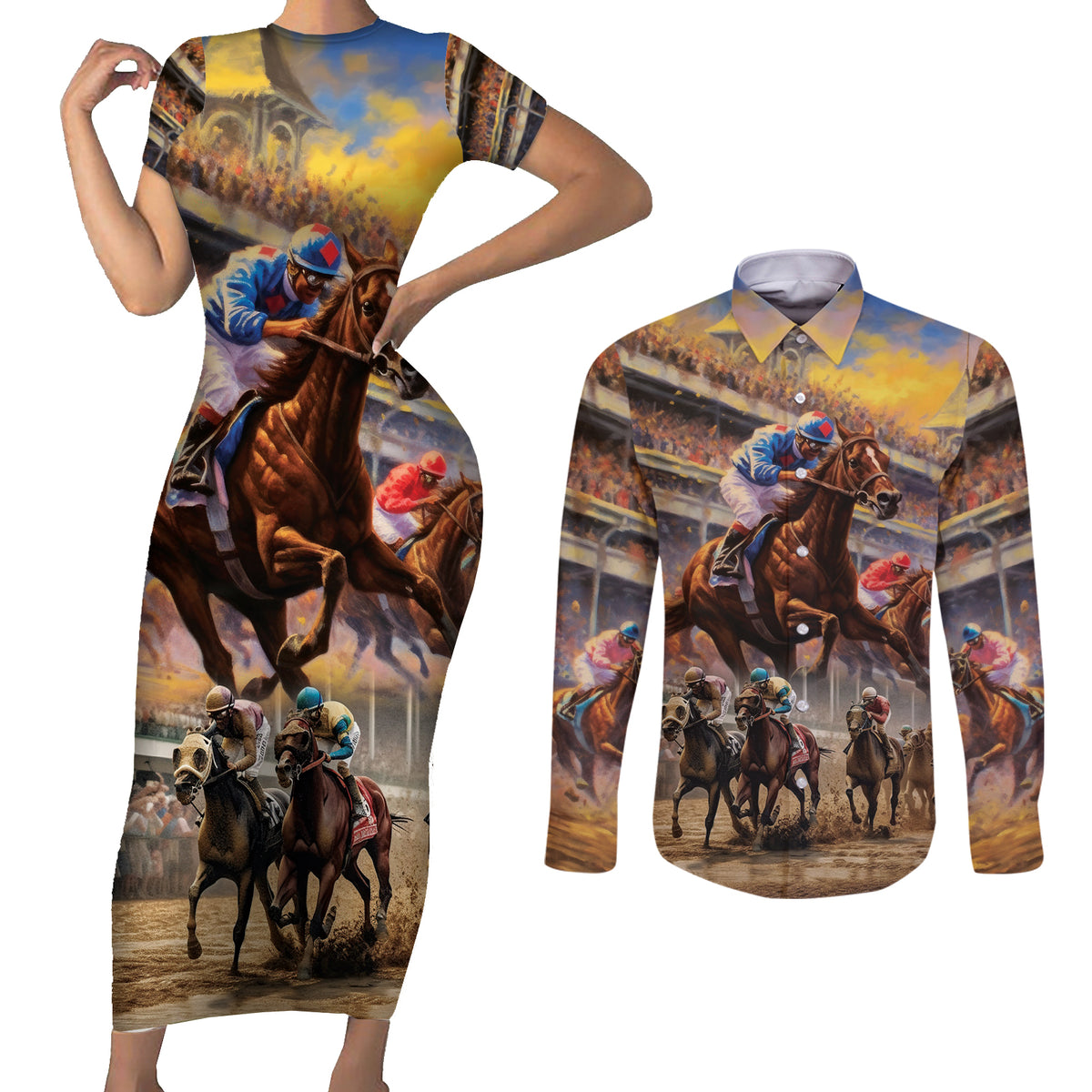 Kentucky Hosts Horse Races Watercolor Couples Matching Short Sleeve Bodycon Dress and Long Sleeve Button Shirt - Wonder Print Shop