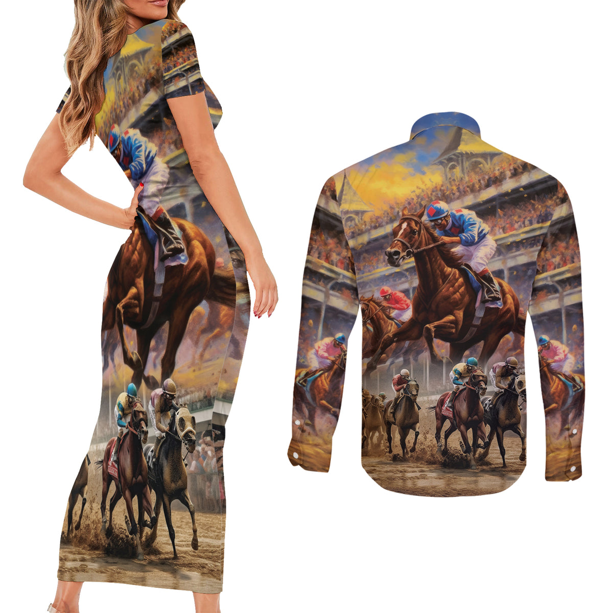 Kentucky Hosts Horse Races Watercolor Couples Matching Short Sleeve Bodycon Dress and Long Sleeve Button Shirt - Wonder Print Shop