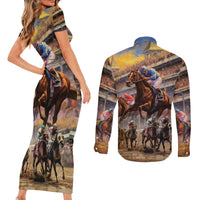 Kentucky Hosts Horse Races Watercolor Couples Matching Short Sleeve Bodycon Dress and Long Sleeve Button Shirt - Wonder Print Shop