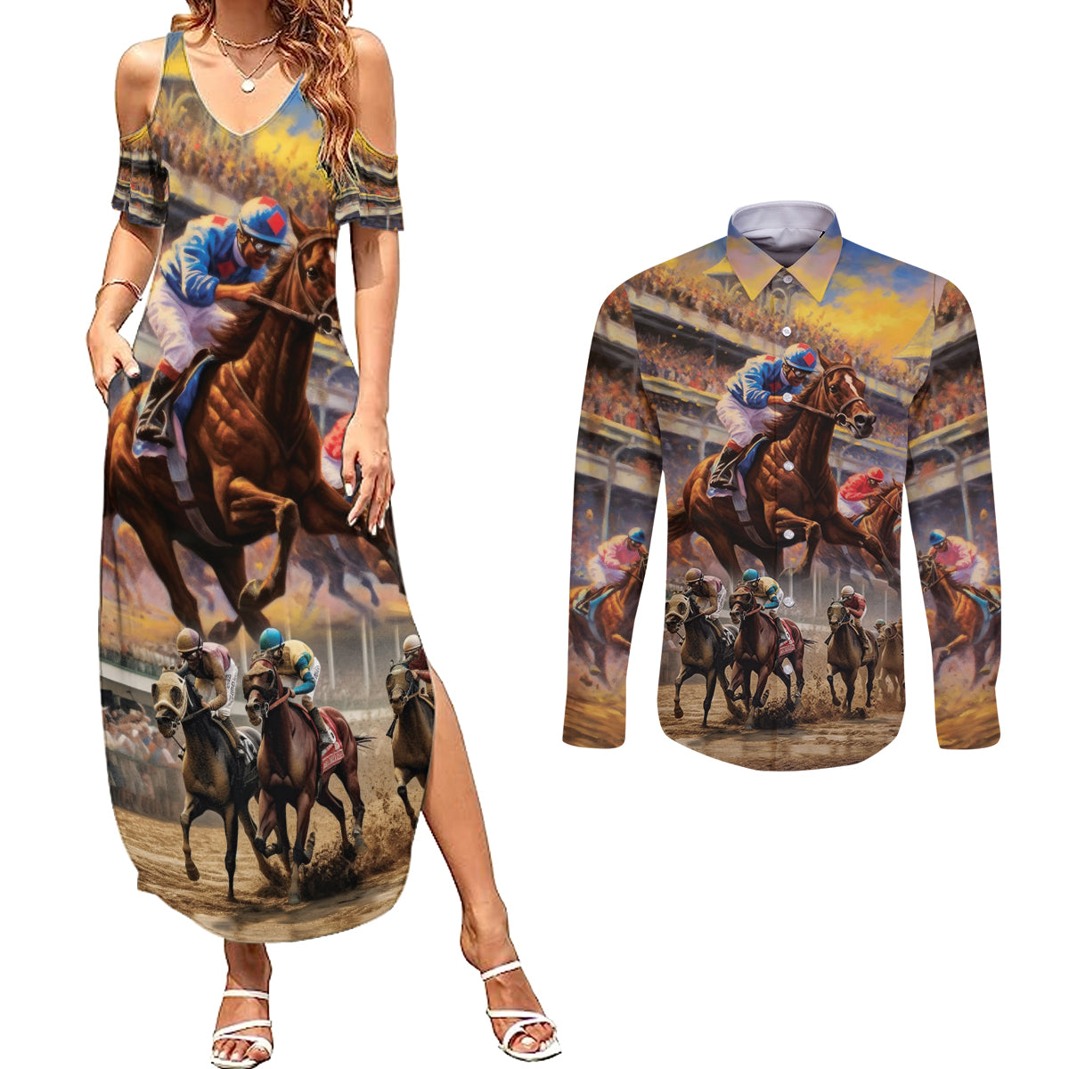 Kentucky Hosts Horse Races Watercolor Couples Matching Summer Maxi Dress and Long Sleeve Button Shirt - Wonder Print Shop