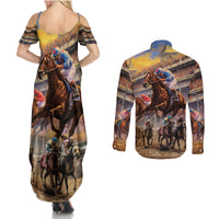 Kentucky Hosts Horse Races Watercolor Couples Matching Summer Maxi Dress and Long Sleeve Button Shirt - Wonder Print Shop