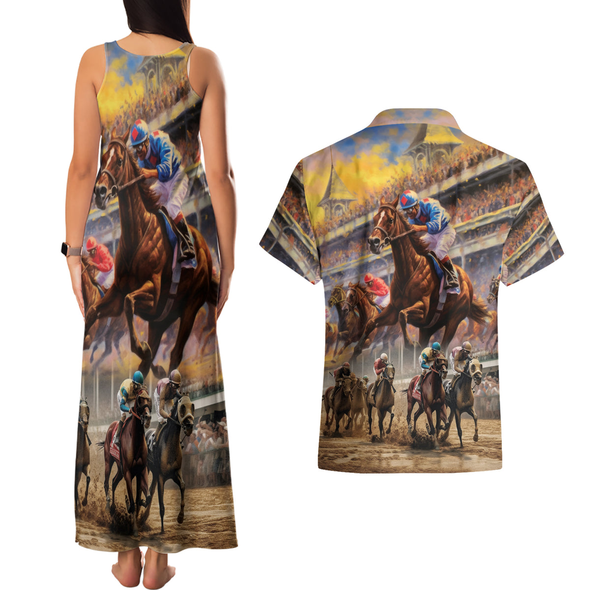 Kentucky Hosts Horse Races Watercolor Couples Matching Tank Maxi Dress and Hawaiian Shirt - Wonder Print Shop