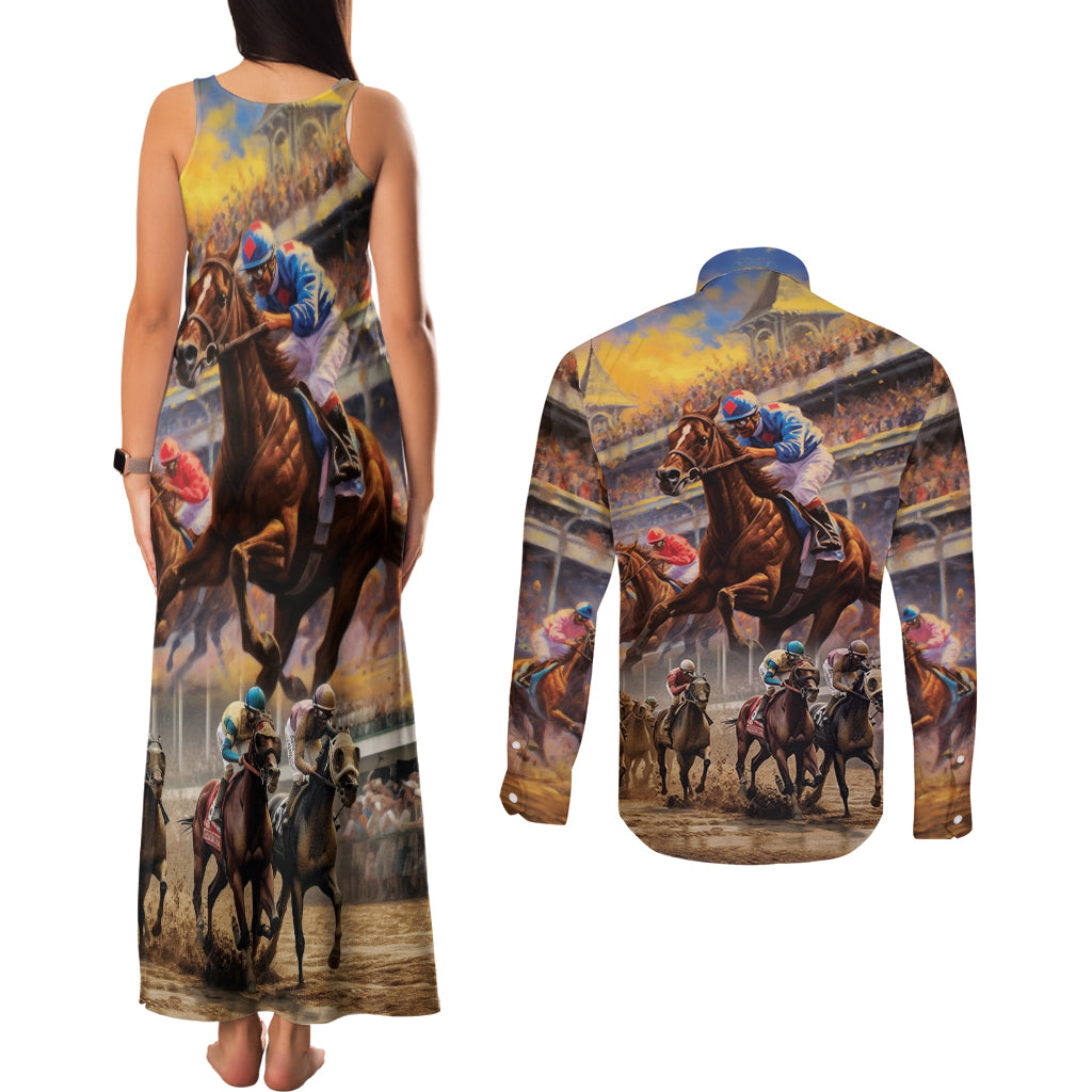 Kentucky Hosts Horse Races Watercolor Couples Matching Tank Maxi Dress and Long Sleeve Button Shirt - Wonder Print Shop