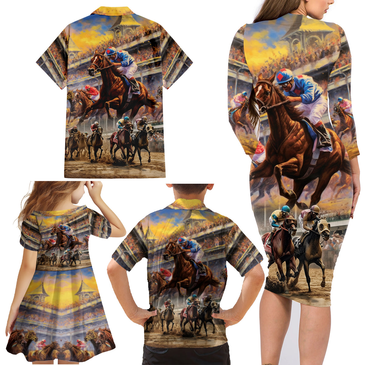 Kentucky Hosts Horse Races Watercolor Family Matching Long Sleeve Bodycon Dress and Hawaiian Shirt - Wonder Print Shop