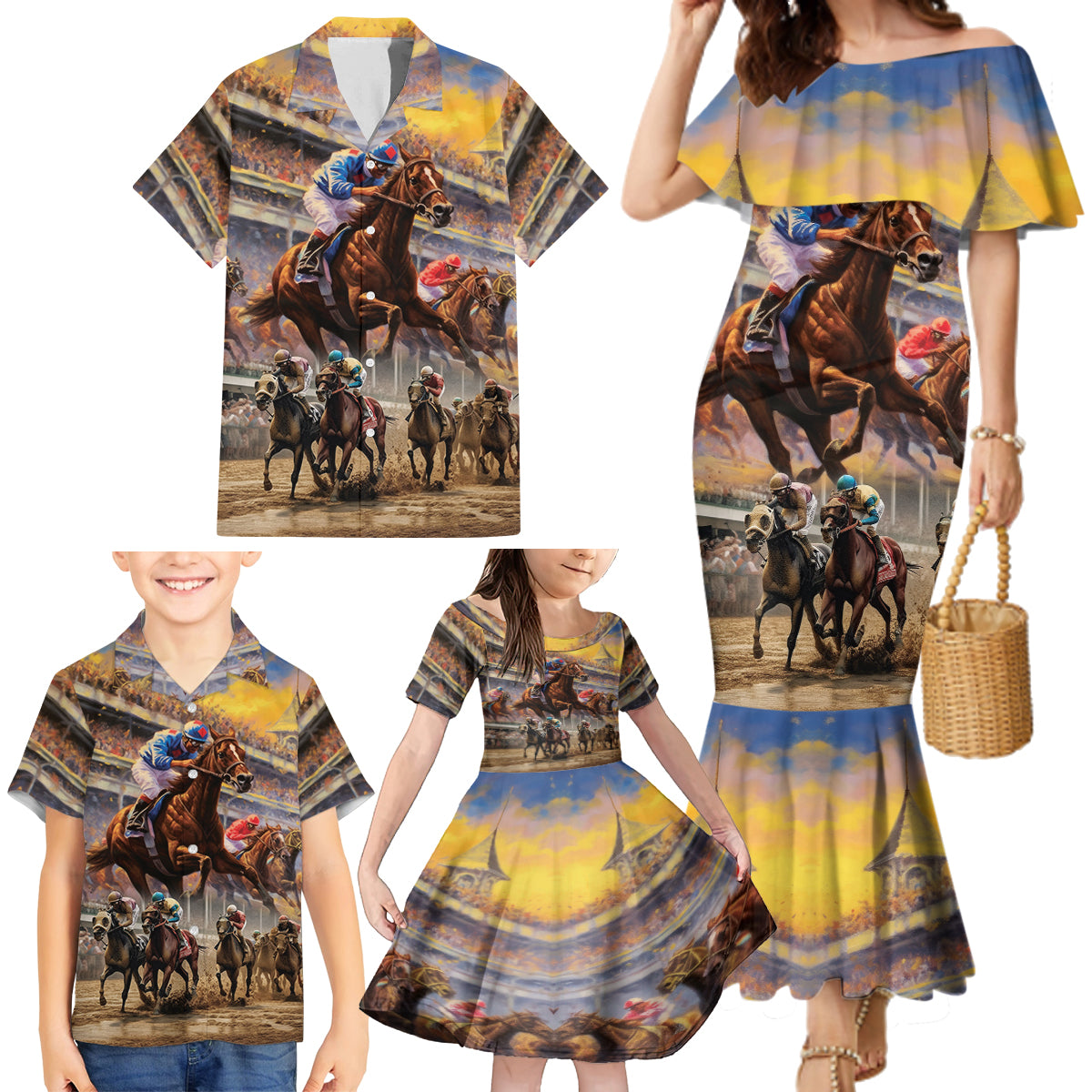 Kentucky Hosts Horse Races Watercolor Family Matching Mermaid Dress and Hawaiian Shirt - Wonder Print Shop