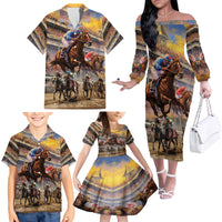 Kentucky Hosts Horse Races Watercolor Family Matching Off The Shoulder Long Sleeve Dress and Hawaiian Shirt - Wonder Print Shop