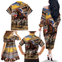 Kentucky Hosts Horse Races Watercolor Family Matching Off The Shoulder Long Sleeve Dress and Hawaiian Shirt - Wonder Print Shop