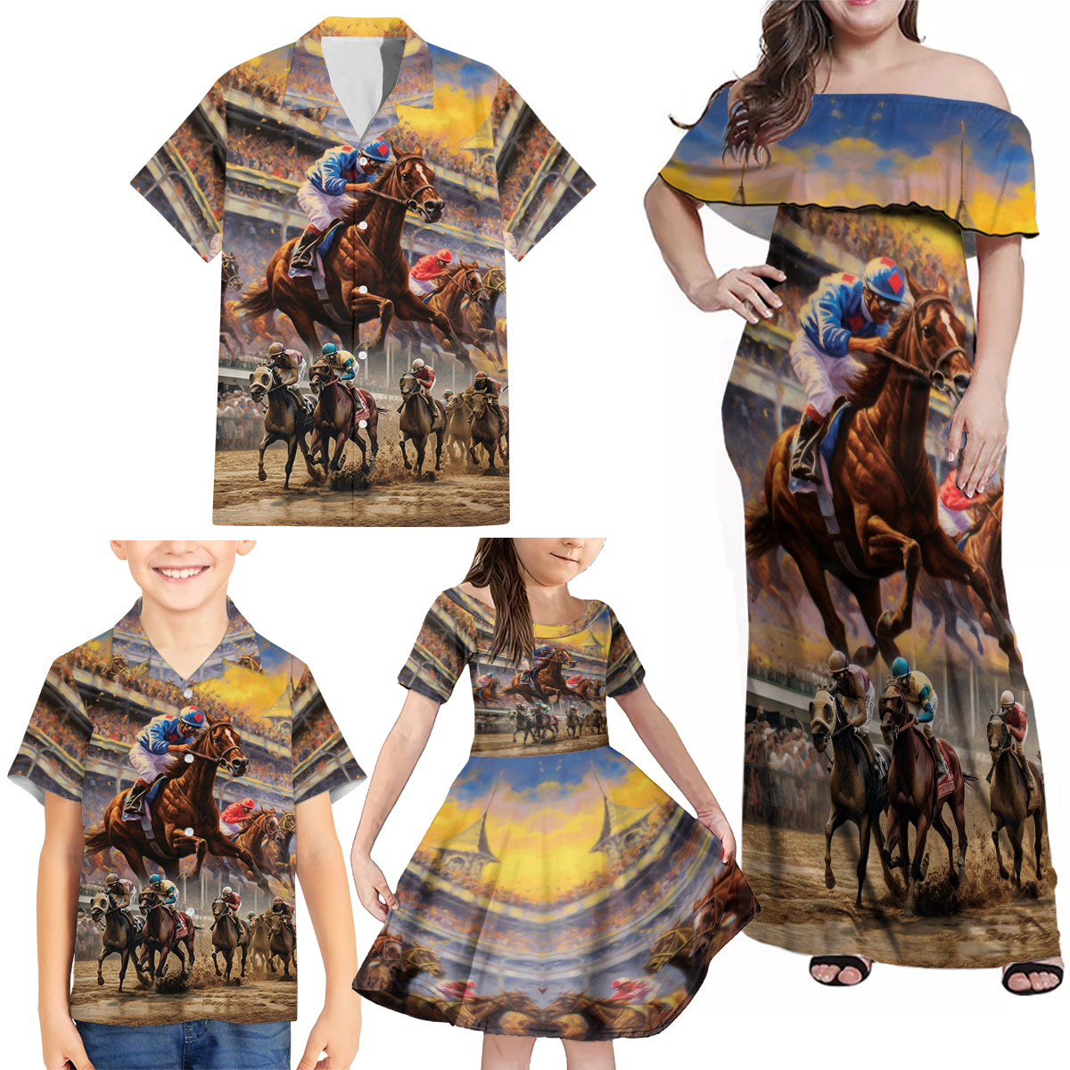 Kentucky Hosts Horse Races Watercolor Family Matching Off Shoulder Maxi Dress and Hawaiian Shirt - Wonder Print Shop
