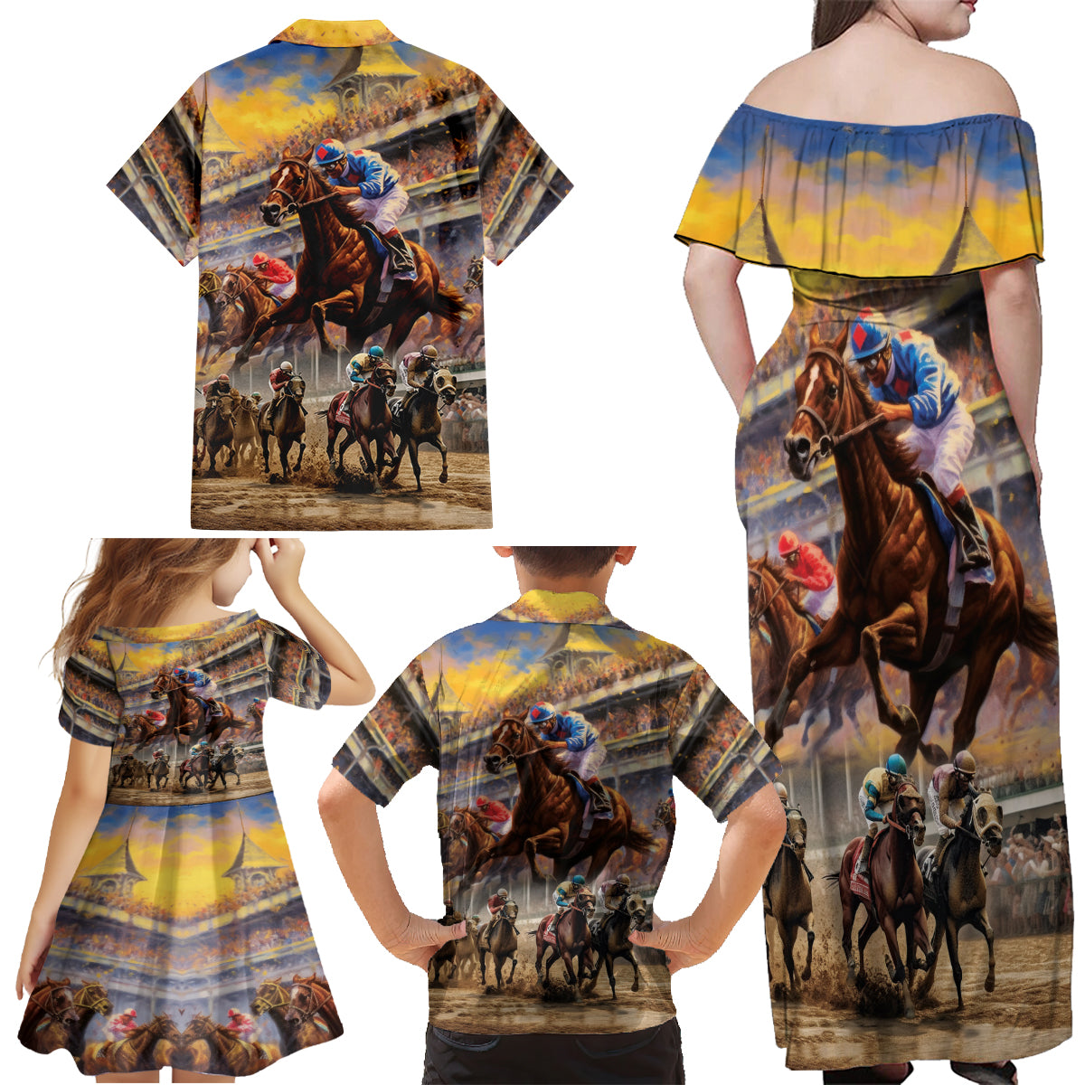 Kentucky Hosts Horse Races Watercolor Family Matching Off Shoulder Maxi Dress and Hawaiian Shirt - Wonder Print Shop