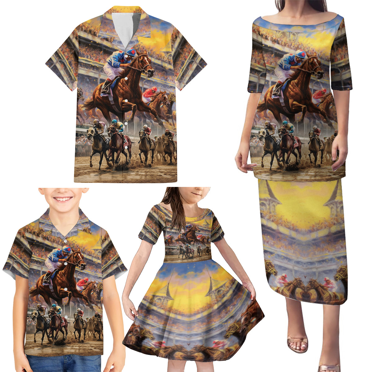 Kentucky Hosts Horse Races Watercolor Family Matching Puletasi and Hawaiian Shirt - Wonder Print Shop