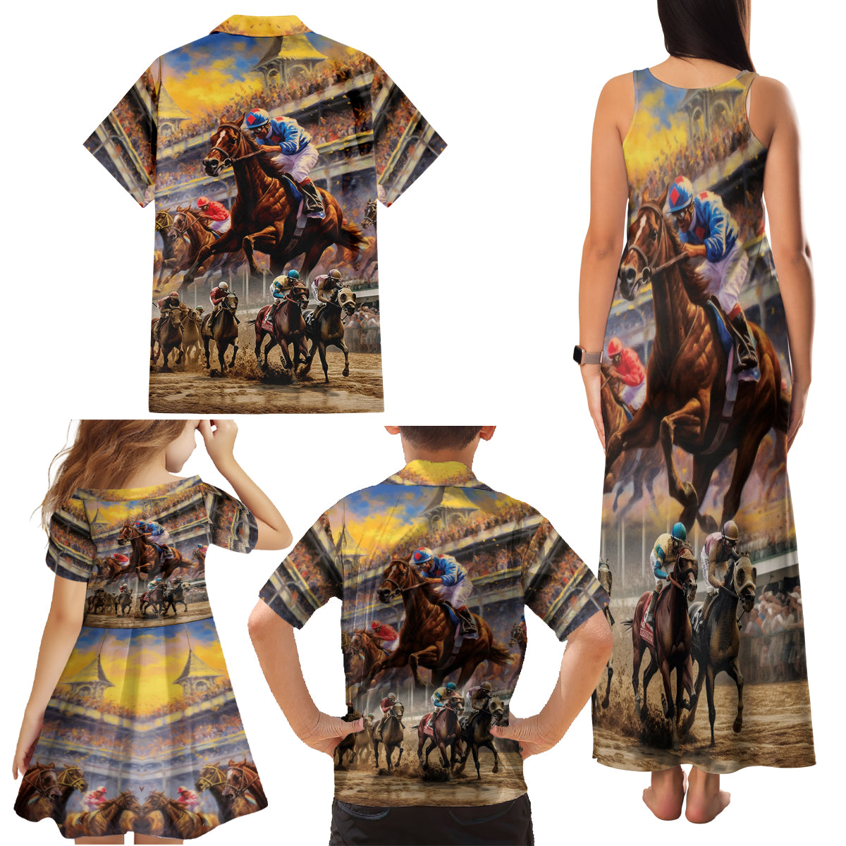 Kentucky Hosts Horse Races Watercolor Family Matching Tank Maxi Dress and Hawaiian Shirt - Wonder Print Shop