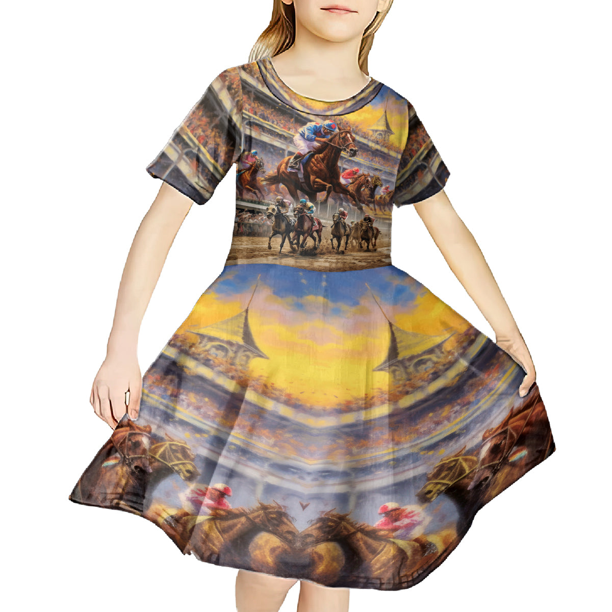 Kentucky Hosts Horse Races Watercolor Kid Short Sleeve Dress - Wonder Print Shop