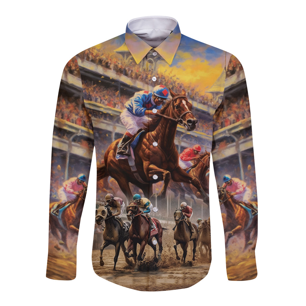 Kentucky Hosts Horse Races Watercolor Long Sleeve Button Shirt - Wonder Print Shop