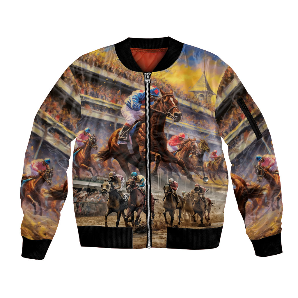 Kentucky Hosts Horse Races Watercolor Sleeve Zip Bomber Jacket - Wonder Print Shop
