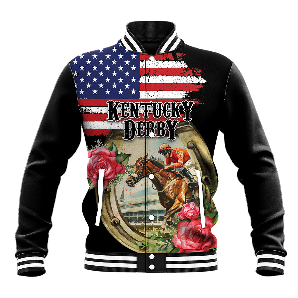 Kentucky Horseshoe Racing Rose Baseball Jacket Grunge American Flag Vintage Style - Wonder Print Shop