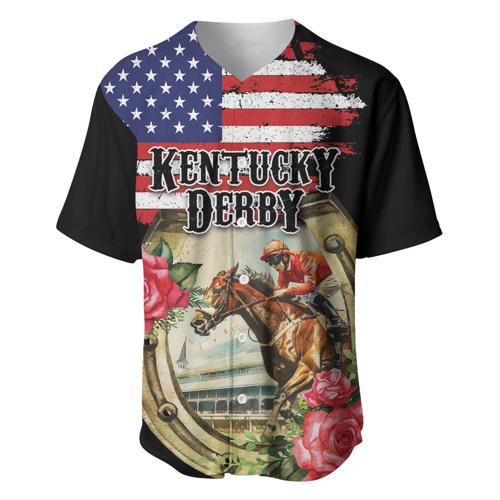 Kentucky Horseshoe Racing Rose Baseball Jersey Grunge American Flag Vintage Style - Wonder Print Shop