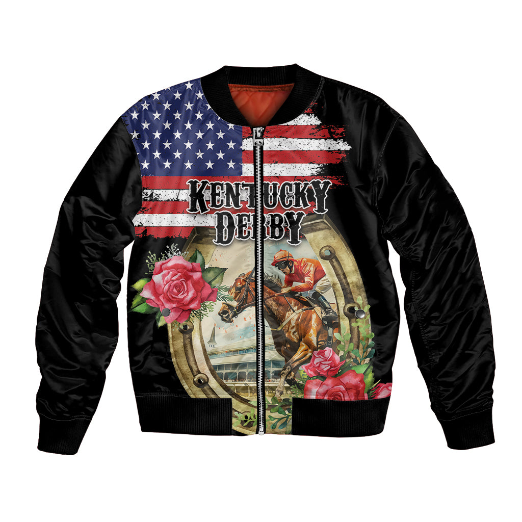 Kentucky Horseshoe Racing Rose Bomber Jacket Grunge American Flag Vintage Style - Wonder Print Shop