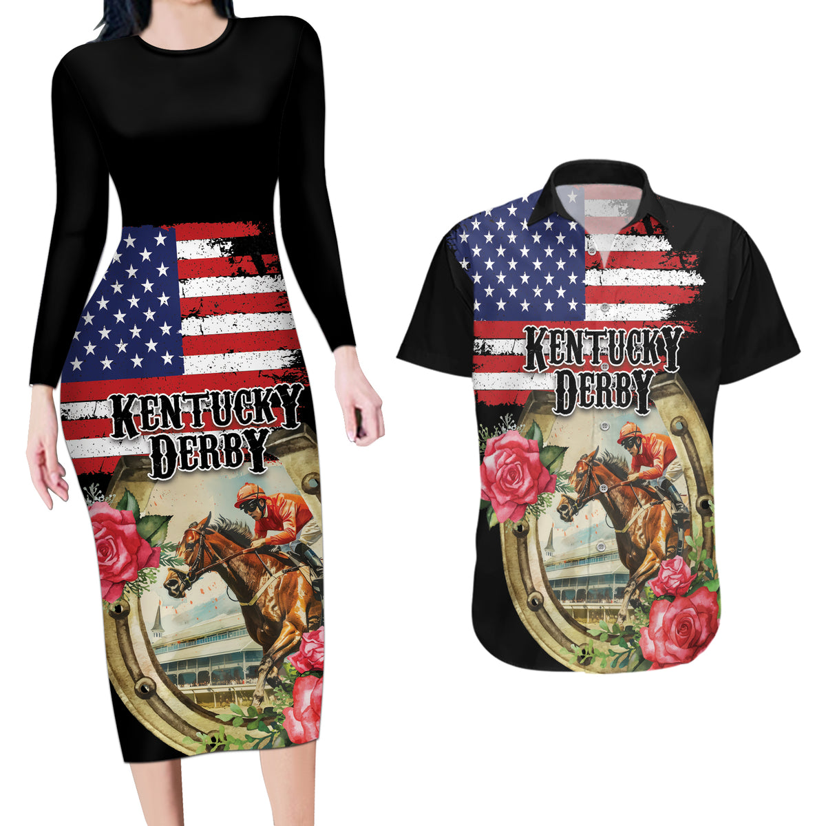 Kentucky Horseshoe Racing Rose Couples Matching Long Sleeve Bodycon Dress and Hawaiian Shirt Grunge American Flag Vintage Style - Wonder Print Shop