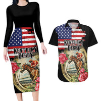 Kentucky Horseshoe Racing Rose Couples Matching Long Sleeve Bodycon Dress and Hawaiian Shirt Grunge American Flag Vintage Style - Wonder Print Shop