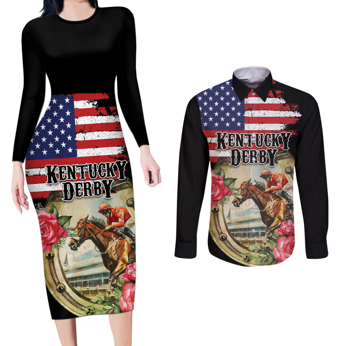 Kentucky Horseshoe Racing Rose Couples Matching Long Sleeve Bodycon Dress and Long Sleeve Button Shirt Grunge American Flag Vintage Style - Wonder Print Shop