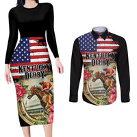 Kentucky Horseshoe Racing Rose Couples Matching Long Sleeve Bodycon Dress and Long Sleeve Button Shirt Grunge American Flag Vintage Style - Wonder Print Shop