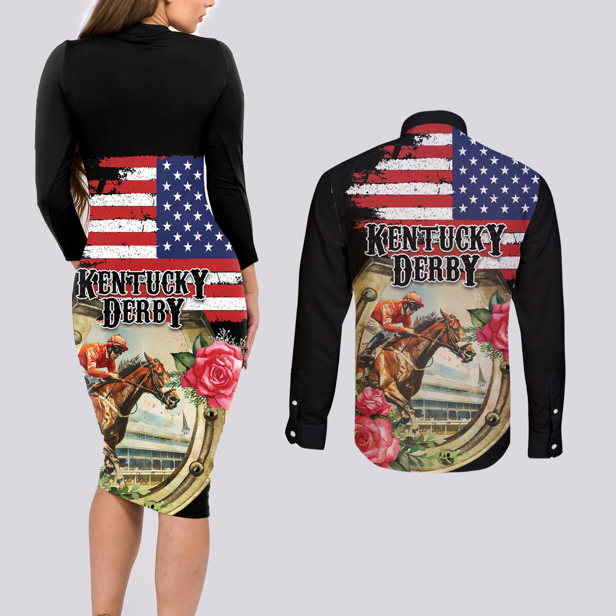 Kentucky Horseshoe Racing Rose Couples Matching Long Sleeve Bodycon Dress and Long Sleeve Button Shirt Grunge American Flag Vintage Style - Wonder Print Shop