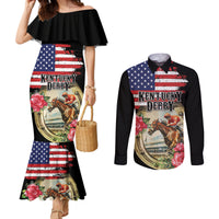 Kentucky Horseshoe Racing Rose Couples Matching Mermaid Dress and Long Sleeve Button Shirt Grunge American Flag Vintage Style