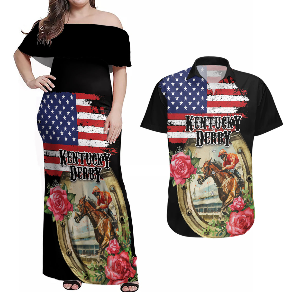 Kentucky Horseshoe Racing Rose Couples Matching Off Shoulder Maxi Dress and Hawaiian Shirt Grunge American Flag Vintage Style - Wonder Print Shop