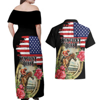 Kentucky Horseshoe Racing Rose Couples Matching Off Shoulder Maxi Dress and Hawaiian Shirt Grunge American Flag Vintage Style - Wonder Print Shop