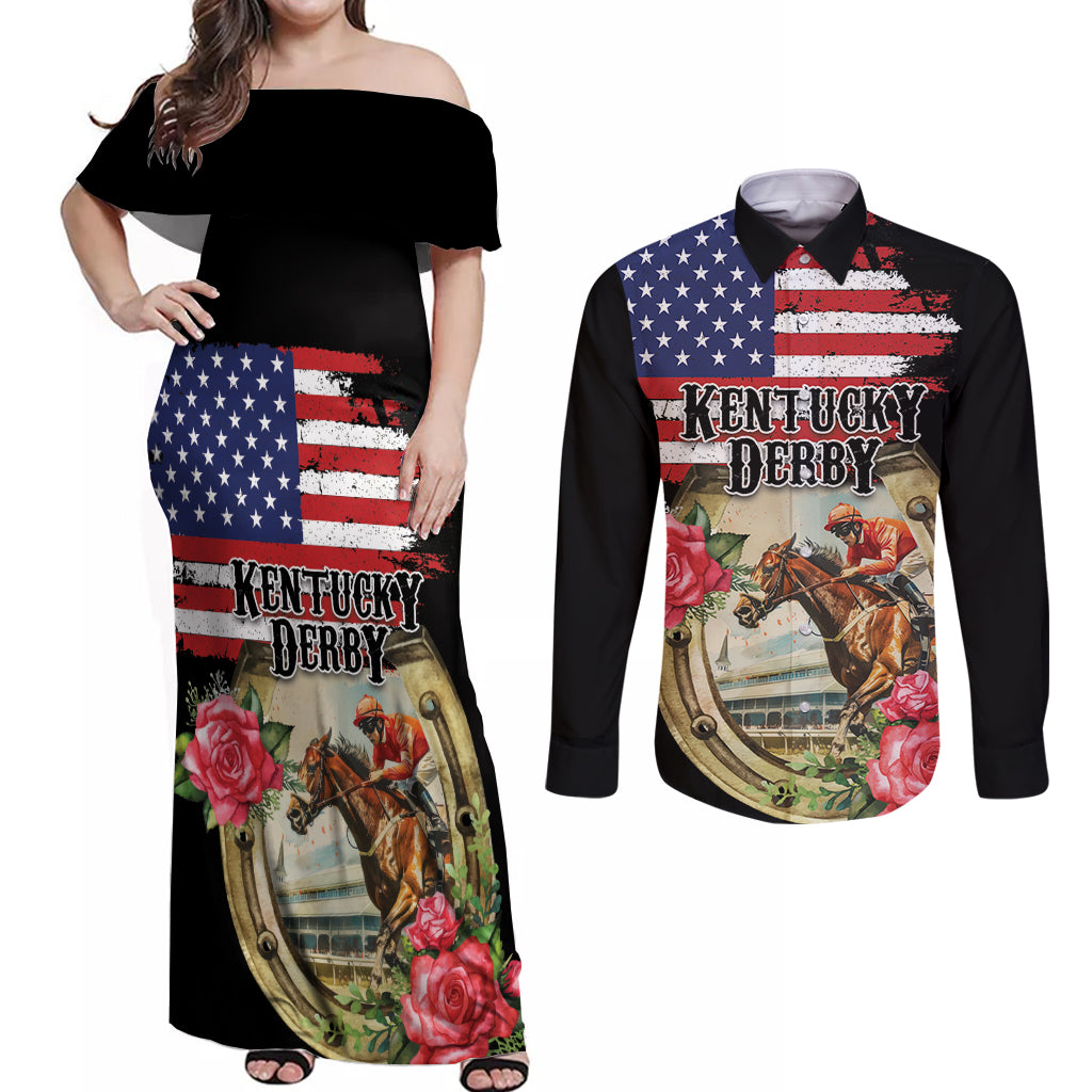 Kentucky Horseshoe Racing Rose Couples Matching Off Shoulder Maxi Dress and Long Sleeve Button Shirt Grunge American Flag Vintage Style - Wonder Print Shop
