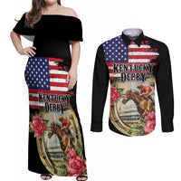 Kentucky Horseshoe Racing Rose Couples Matching Off Shoulder Maxi Dress and Long Sleeve Button Shirt Grunge American Flag Vintage Style - Wonder Print Shop