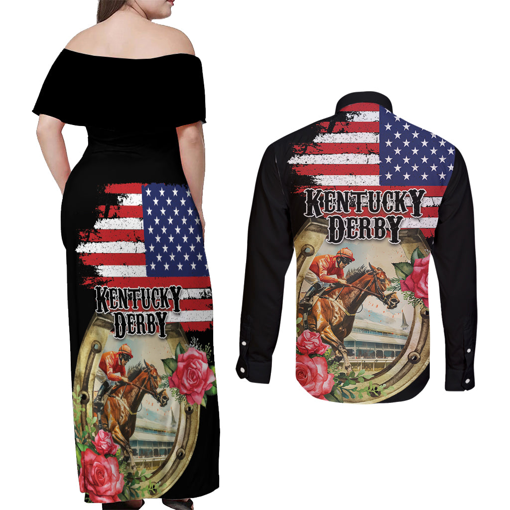 Kentucky Horseshoe Racing Rose Couples Matching Off Shoulder Maxi Dress and Long Sleeve Button Shirt Grunge American Flag Vintage Style - Wonder Print Shop