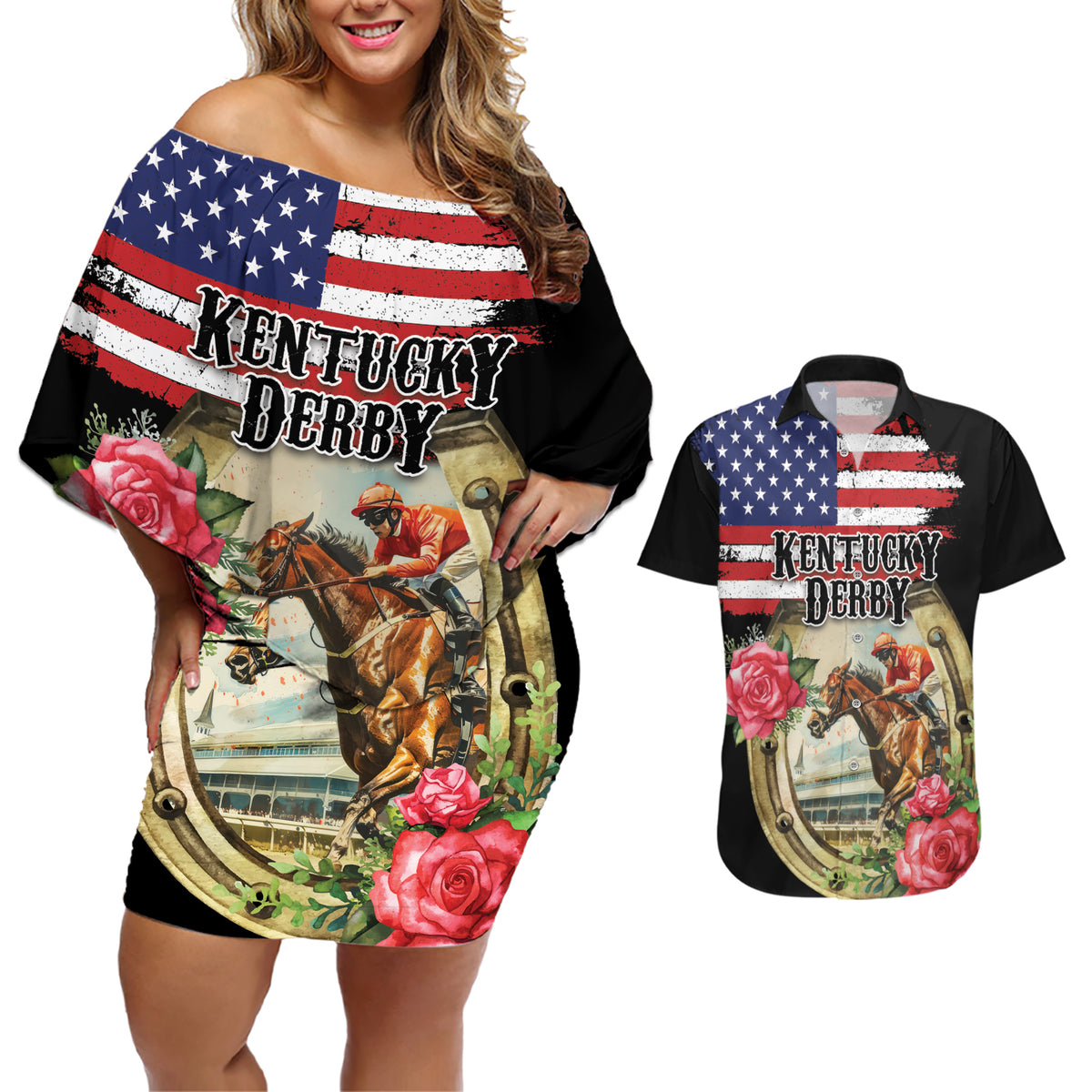 Kentucky Horseshoe Racing Rose Couples Matching Off Shoulder Short Dress and Hawaiian Shirt Grunge American Flag Vintage Style - Wonder Print Shop