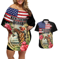 Kentucky Horseshoe Racing Rose Couples Matching Off Shoulder Short Dress and Hawaiian Shirt Grunge American Flag Vintage Style - Wonder Print Shop