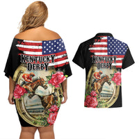 Kentucky Horseshoe Racing Rose Couples Matching Off Shoulder Short Dress and Hawaiian Shirt Grunge American Flag Vintage Style - Wonder Print Shop