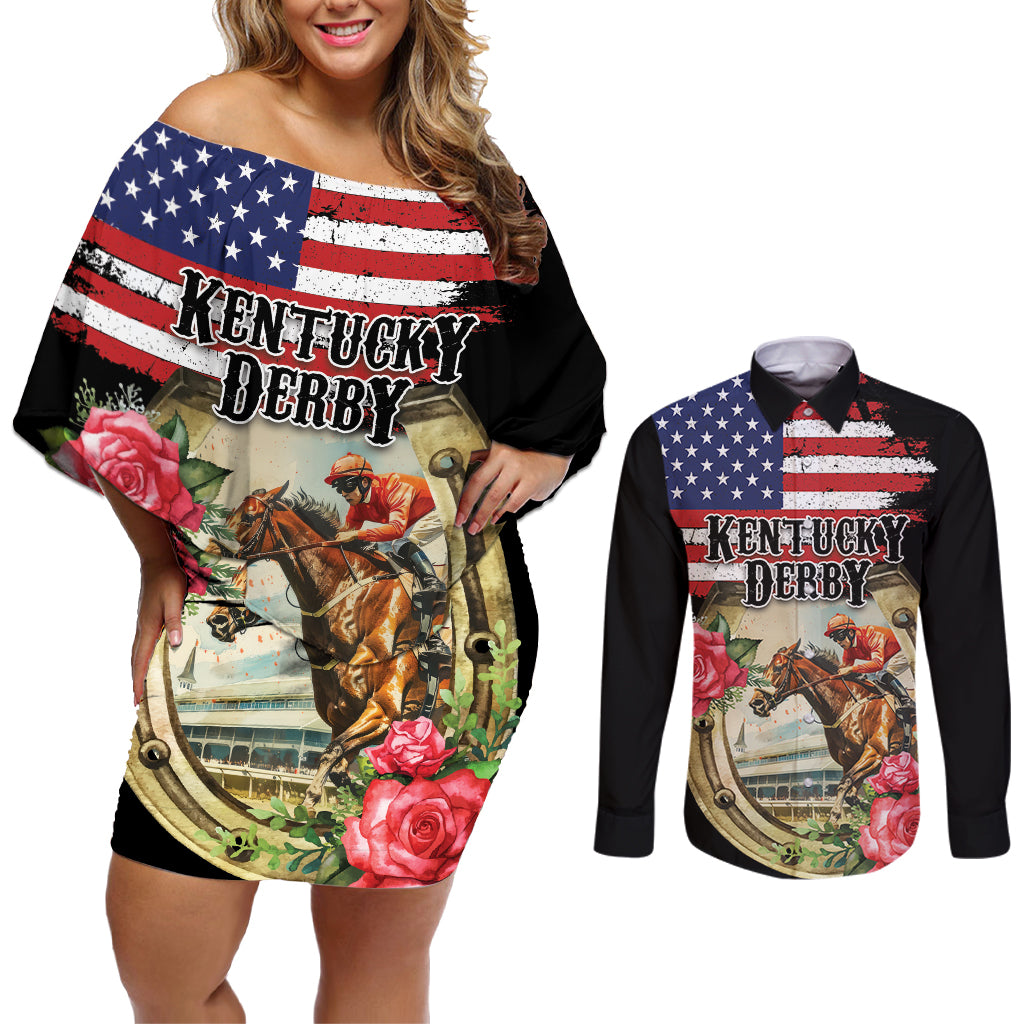 Kentucky Horseshoe Racing Rose Couples Matching Off Shoulder Short Dress and Long Sleeve Button Shirt Grunge American Flag Vintage Style - Wonder Print Shop