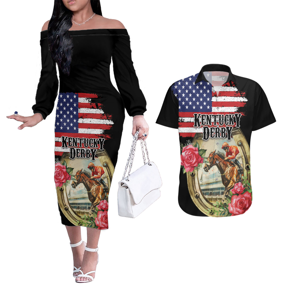 Kentucky Horseshoe Racing Rose Couples Matching Off The Shoulder Long Sleeve Dress and Hawaiian Shirt Grunge American Flag Vintage Style - Wonder Print Shop