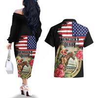 Kentucky Horseshoe Racing Rose Couples Matching Off The Shoulder Long Sleeve Dress and Hawaiian Shirt Grunge American Flag Vintage Style - Wonder Print Shop