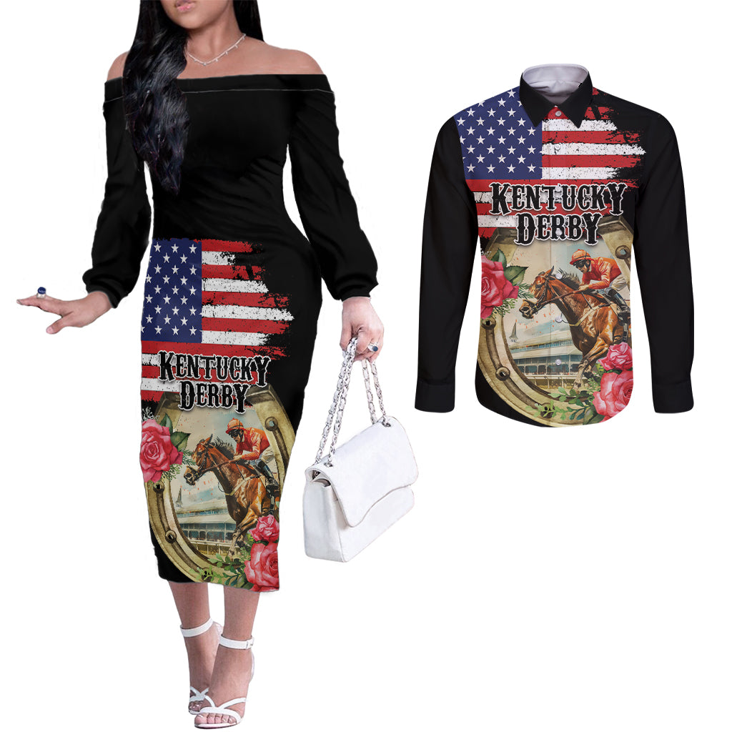 Kentucky Horseshoe Racing Rose Couples Matching Off The Shoulder Long Sleeve Dress and Long Sleeve Button Shirt Grunge American Flag Vintage Style