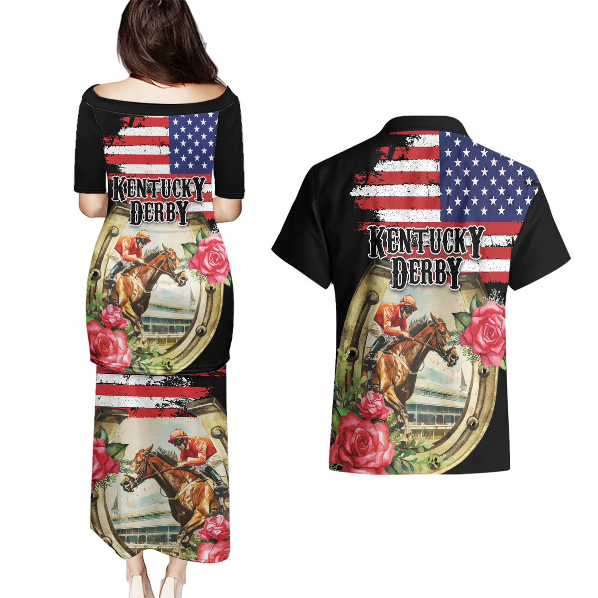 Kentucky Horseshoe Racing Rose Couples Matching Puletasi and Hawaiian Shirt Grunge American Flag Vintage Style - Wonder Print Shop